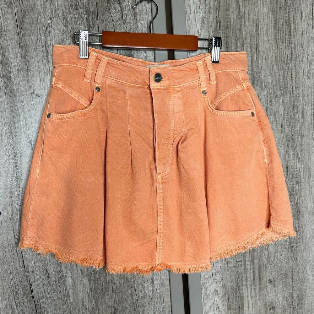 Pilcro Anthropologie Mini Skirt Denim Soft Raw Hem Pleated Peach Orange Size 6